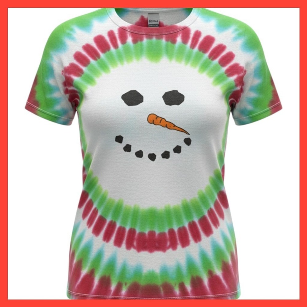 Gildan Ultra Cotton Snowman Tie Dye T-Shirt Red Green Christmas Graphic Large